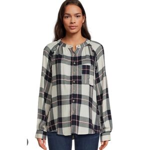 Time N Tru Plaid Button Down Pocket Ruffles Inseam Fall Maternity Med